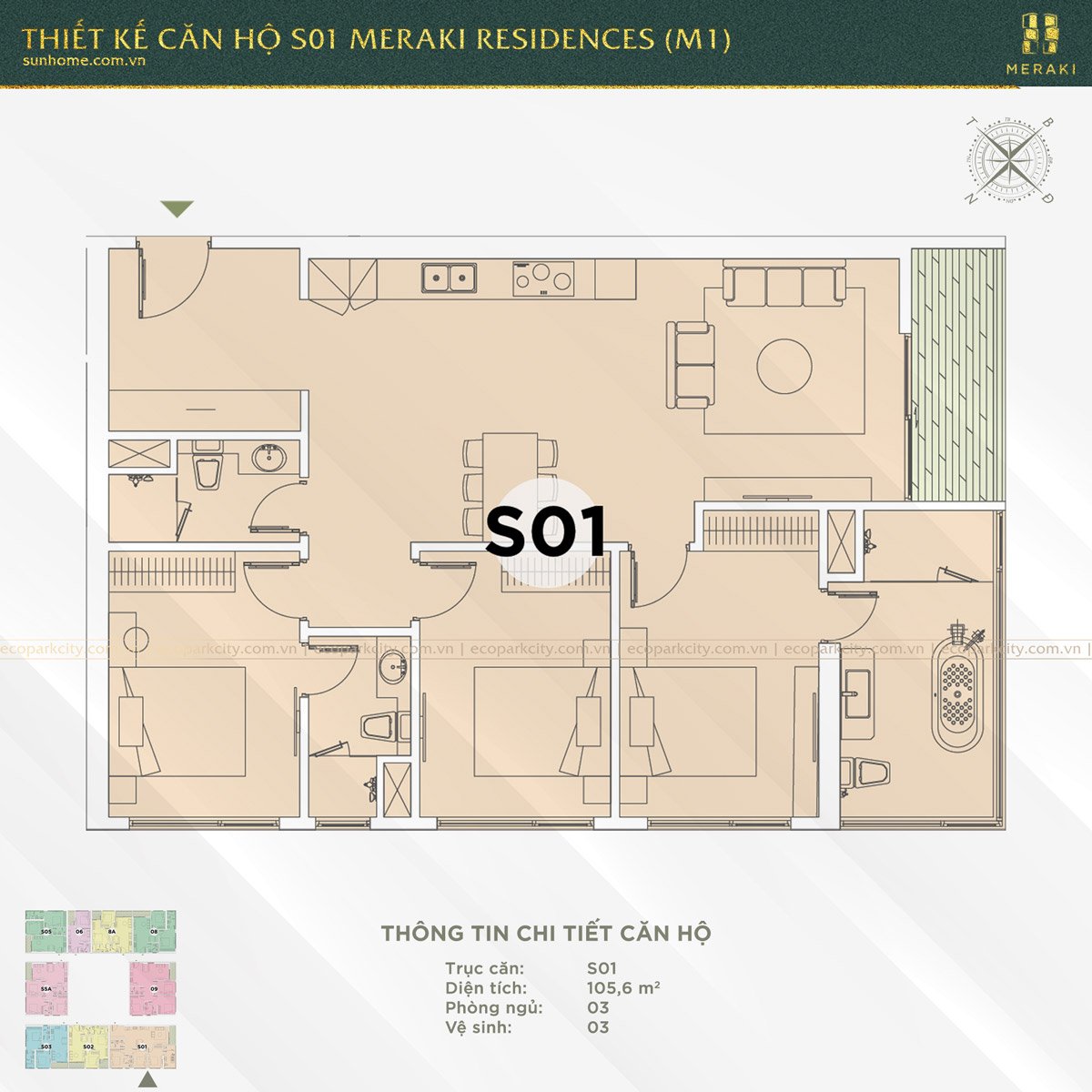 Thiết kế căn hộ S01 Meraki Residences (M1)